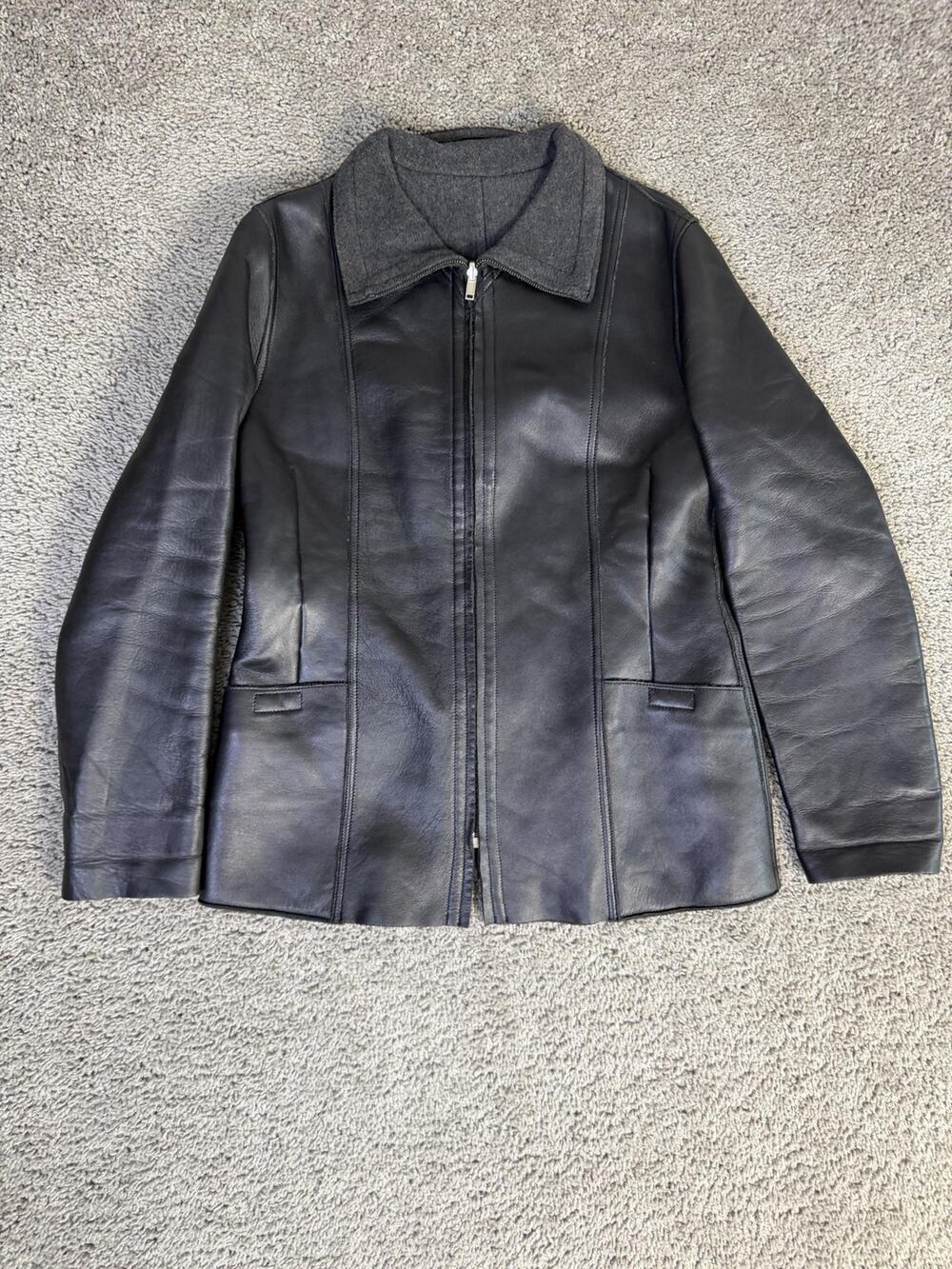 ANNA KEL Jacket Womens 44 Black Leather Mid-Length Lined Pockets Italy